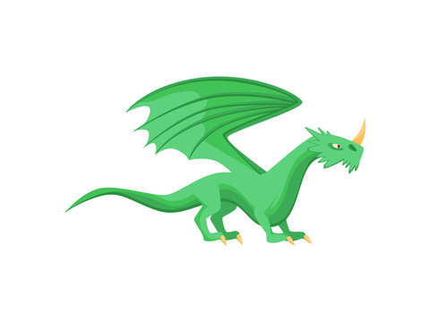 Flat vector of bright green dragon with large wings and horn on nose, side view. Mythical monster. Fantastic animal