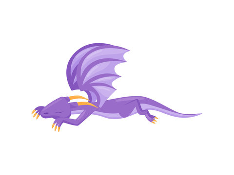 Cute purple dragon sleeping on the ground. Mythical monster with horns, big wings and long tail. Flat vector design