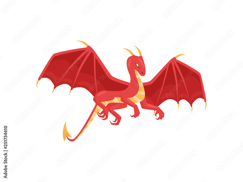 Poster flat vector design of red dragon with wide open wings. mythical creature with horns and long tail