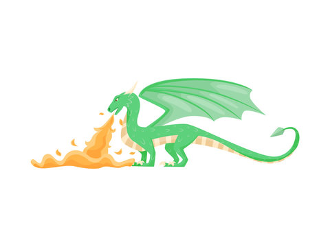 Green dragon breathing fire, side view. Fantastic animal with large wings, horns and long tail. Flat vector design