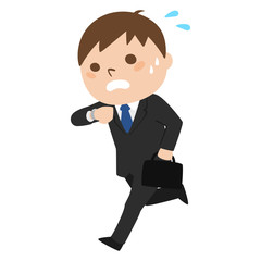 若い男性のイラスト。腕時計を見ながら走るビジネスマン。