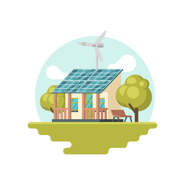 Traditional house with solar panel on roof and wind turbine. Eco-friendly building. Alternative energy. Flat vector icon