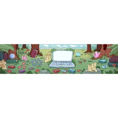 Banner for witchcraft. Laptop and divination instruments in the forest. Cute cartoon background banner