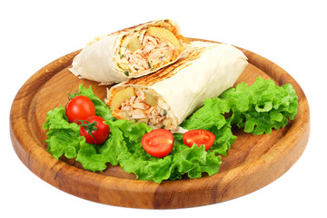 shawarma with lettuce isolated on white background. fast food