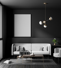 Mock up poster frame in Scandinavian style hipster interior. Minimalist modern interior design. 3D illustration.