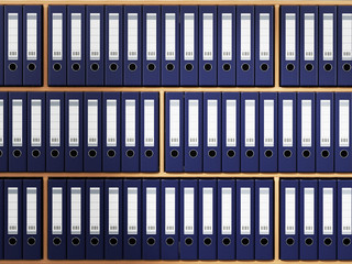 Folders arranged inside wooden shelves. 3D illustration