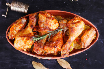 Chicken in paprika sauce baked in the oven in pottery. Chicken legs and wings