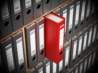 Red folder standing out among black ones inside wooden shelves. 3D illustration