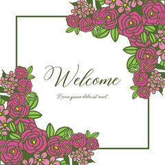 Vector illustration welcome card with ornate pink flower frame blooms hand drawn