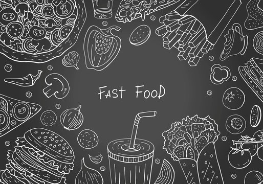 Vintage outline horizontal black background  with fast food elements. Vector fast food collection for cafe menu