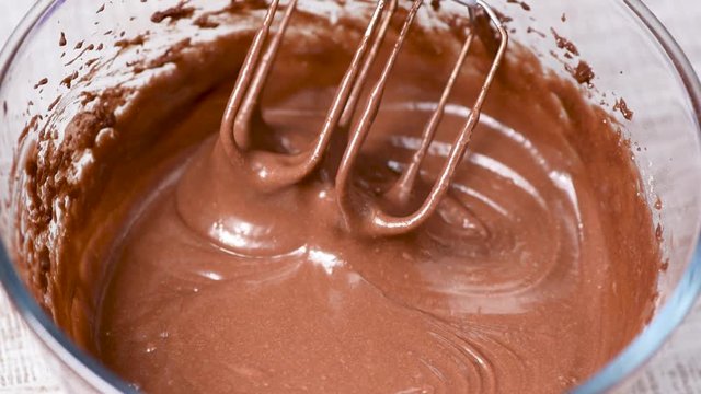 Mixing chocolate batter or dough with mixer. Closeup view