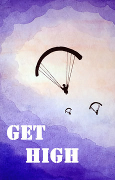 Get high. On a violet background, black shulets paratroopers paragliders fly against the background of sunrise and clouds