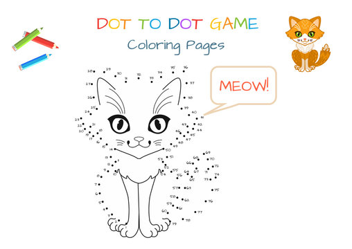 Numbers game, education dot to dot game for children. Funny little cat. Coloring book. Cartoon vector illustration