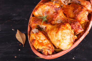 Chicken in paprika sauce baked in the oven in pottery. Chicken legs and wings