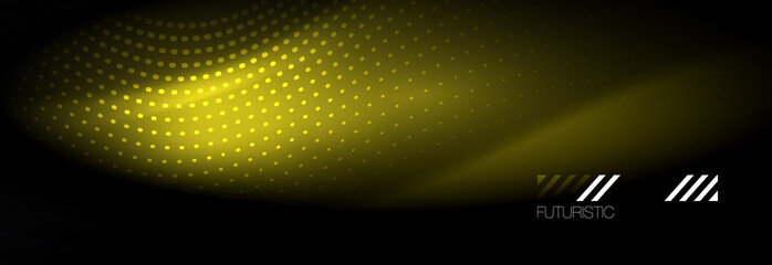 Glowing abstract wave on dark, shiny motion, Christmas and New Year magic space light. Techno abstract background