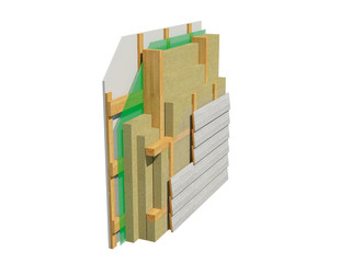3d render image of insulated frame house wall. Detailed concept of insulation, showing all layers.
