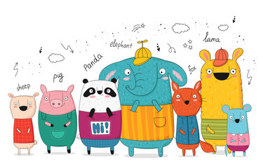 Obraz na płótnie Canvas Vector collection of doodle funny animals.