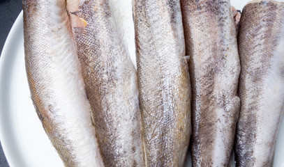 Obraz premium Frozen fish hake isolated on white plate