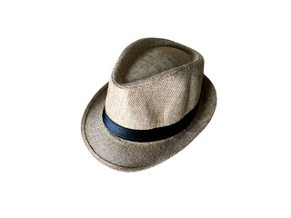 Brown vintage straw hat with black ribbon isolated on white background