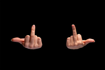 Hands show sign of fuck. Isolated on black