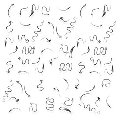 Infographic elements on isolated white background. Hand drawn simple arrows. Line art. Set of different pointers. Abstract indicators. Black and white illustration.