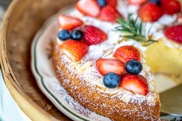 Almond and blueberries and strawberry cake, Concept for healthy eating and nutrition