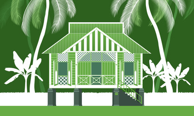 A beautiful traditional wooden Malay style village house. With various colour combination. Vector.