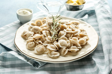 Plate with tasty dumplings on table