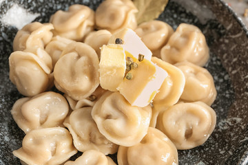Tasty dumplings on plate, closeup