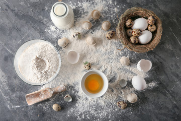 Fototapeta na wymiar Ingredients for tasty dumplings on kitchen table
