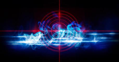 Abstract dark background with rays, laser red sight and neon light. Empty tunnel, room, basement night view of a dark room. Wet asphalt in the night city, reflection. Red neon and red laser sight. Neo