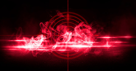 Abstract dark background with rays, laser red sight and neon light. Empty tunnel, room, basement night view of a dark room. Wet asphalt in the night city, reflection. Red neon and red laser sight. Neo