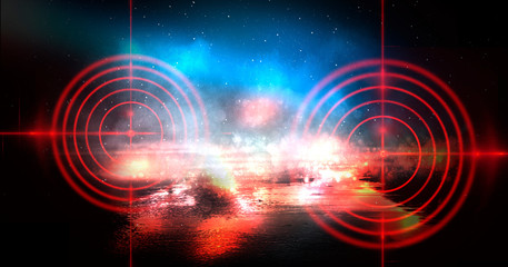 Abstract dark background with rays, laser red sight and neon light. Empty tunnel, room, basement night view of a dark room. Wet asphalt in the night city, reflection. Red neon and red laser sight. Neo
