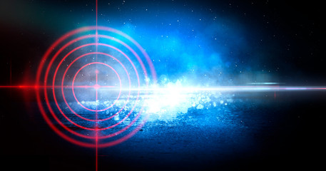 Abstract dark background with rays, laser red sight and neon light. Empty tunnel, room, basement night view of a dark room. Wet asphalt in the night city, reflection. Red neon and red laser sight. Neo