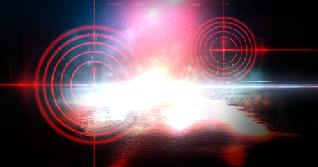 Abstract dark background with rays, laser red sight and neon light. Empty tunnel, room, basement night view of a dark room. Wet asphalt in the night city, reflection. Red neon and red laser sight. Neo