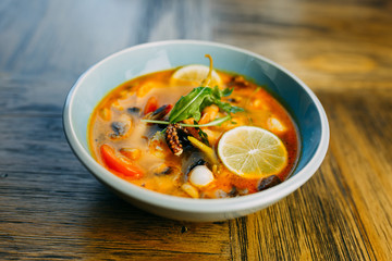 Food photo. Restaurant dishes on the wooden table.