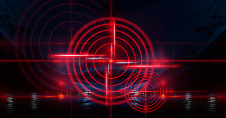 Abstract dark background with rays, laser red sight and neon light. Empty tunnel, room, basement night view of a dark room. Wet asphalt in the night city, reflection. Red neon and red laser sight. Neo