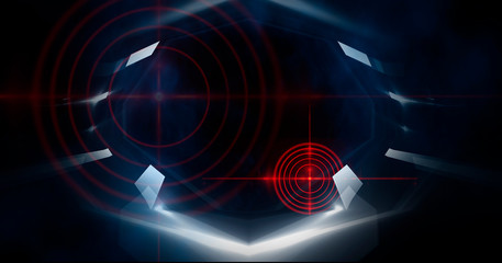 Abstract dark background with rays, laser red sight and neon light. Empty tunnel, room, basement night view of a dark room. Wet asphalt in the night city, reflection. Red neon and red laser sight. Neo