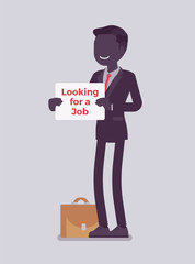 Man with looking for a job advertisement sign. Applicant having no paid work, jobless seeking employment, attempting to find workplace, unemployed candidate. Vector illustration, faceless characters