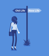 Signpost pole to a direct woman, old and new life choice. Young person choosing a road, start of another way, thinking of decision to begin and change lifestyle, become different. Vector illustration