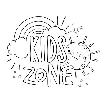 happy kids zone word label with rainbow