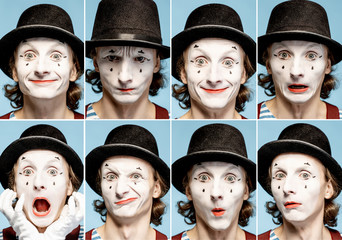 Photo collage of different human emotions made by pantomime with painted face on the blue background