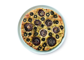 Tasty Italian focaccia on white background