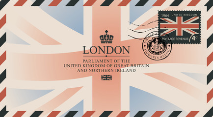 Vector postcard or envelope with UK flag and inscriptions. Retro postcard with postmark in form of royal coat of arms and postage stamp with flag of United Kingdom