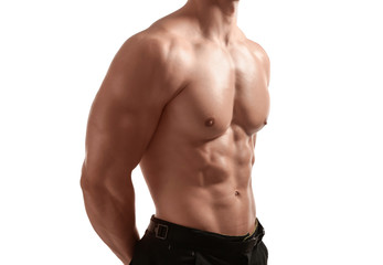 Fototapeta na wymiar Muscular bodybuilder on white background