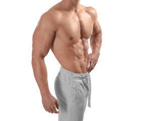 Muscular bodybuilder on white background
