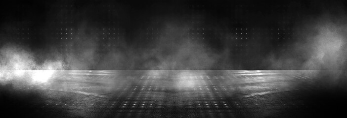 Dark empty scene, neon searchlight light, wet asphalt, smoke, night view, rays. Abstract light in...