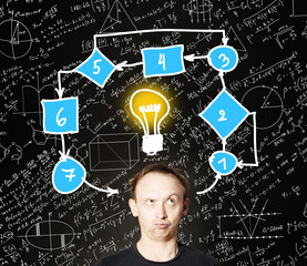 Man student with hand drawing lightbulb and algorithm on blackboard science background. Education,...