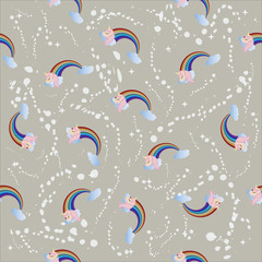Vector seamless pattern with unicorns and rainbows