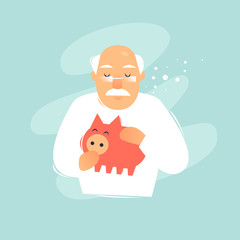 Pensioner holds piggy bank. Pension, savings. Flat design vector illustration.	